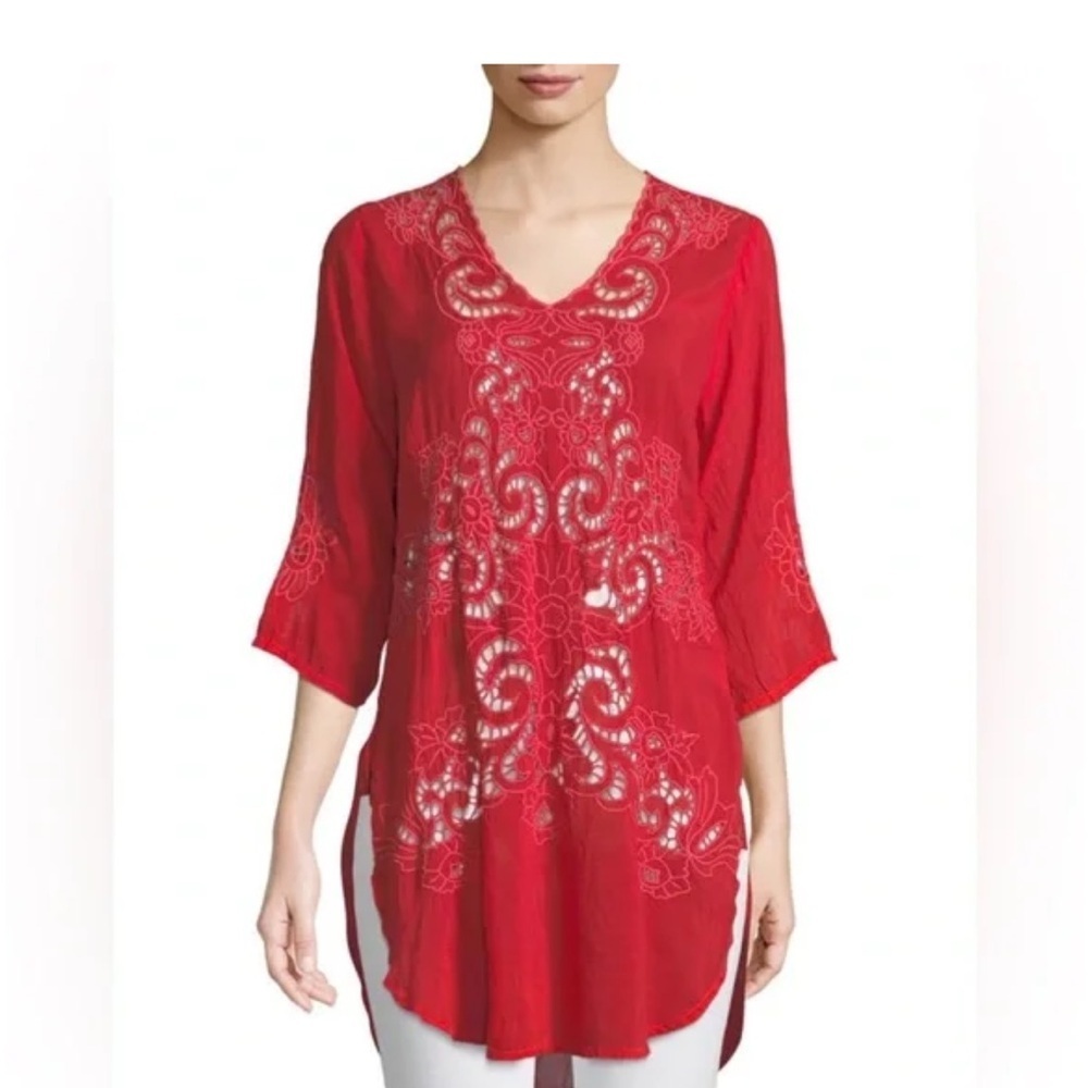 NWT Johnny Was Arlene appliqué Red Lace Tunic top with scoop neck 3/4 sleeves - Picture 4 of 16